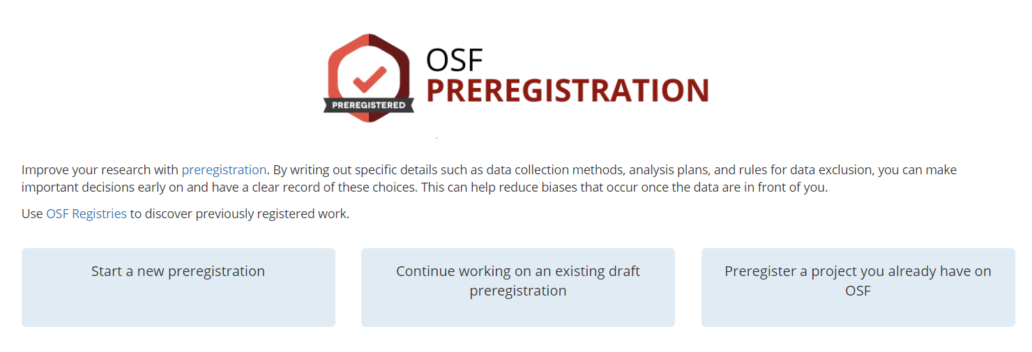 Opciones para comenzar un preregistro en OSF